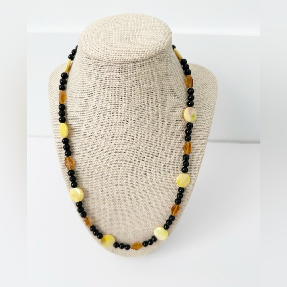 NWT Genuine Black Onyx, Mother of Pearl & Czech Glass Beads Necklace Yellow